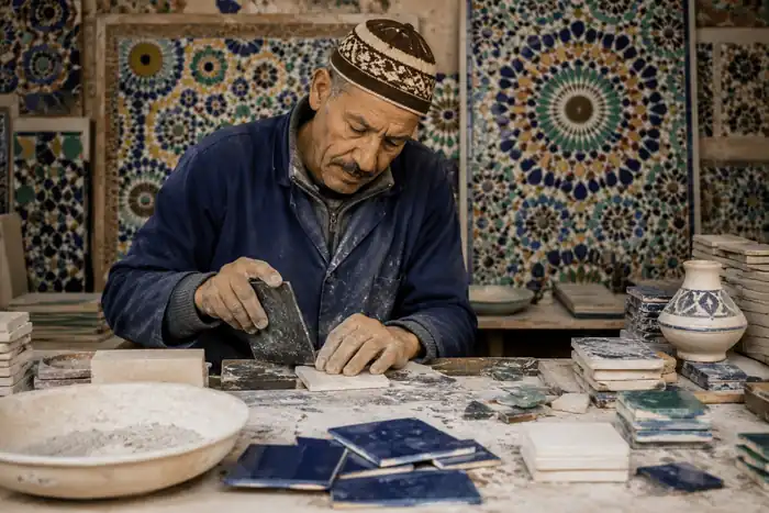 Le zellige dans la cuisine : le charme de l'imparfait 1 Artisan marocain taillant un carreau de zellige à la main dans un atelier de Fès