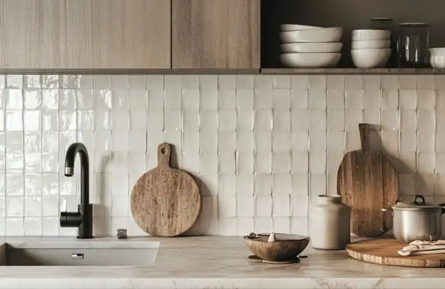 Le zellige dans la cuisine : le charme de l'imparfait 3 Crédence complète en zellige blanc nacré dans une cuisine épurée