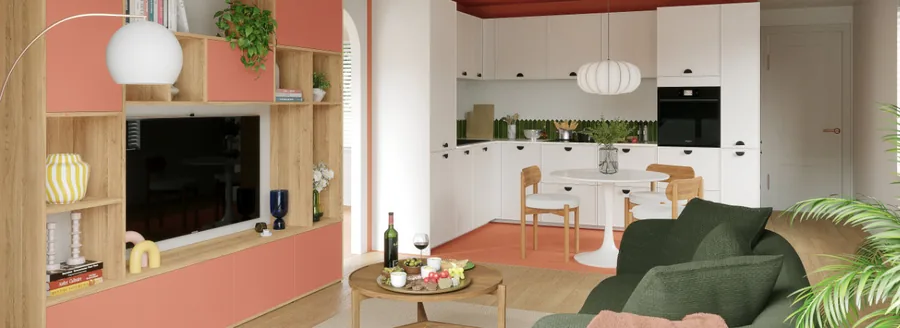 Cuisine Discac : fabrication française avec DG-Cuisine 1 Cuisine Discac blanche ouverte sur un salon aux tons terracotta et bois