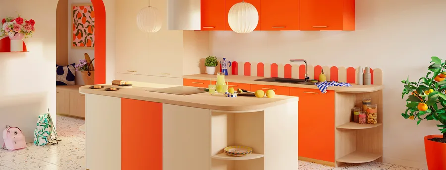 Cuisine Discac : fabrication française avec DG-Cuisine 2 Cuisine Discac orange et bois clair avec grand îlot central