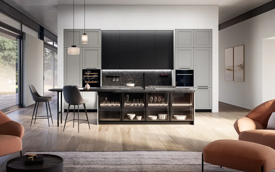 Cuisine Arredo3 : design italien sur mesure avec DG-Cuisine 3 Cuisine Arredo3 à portes à cadre grises et noires avec vitrines